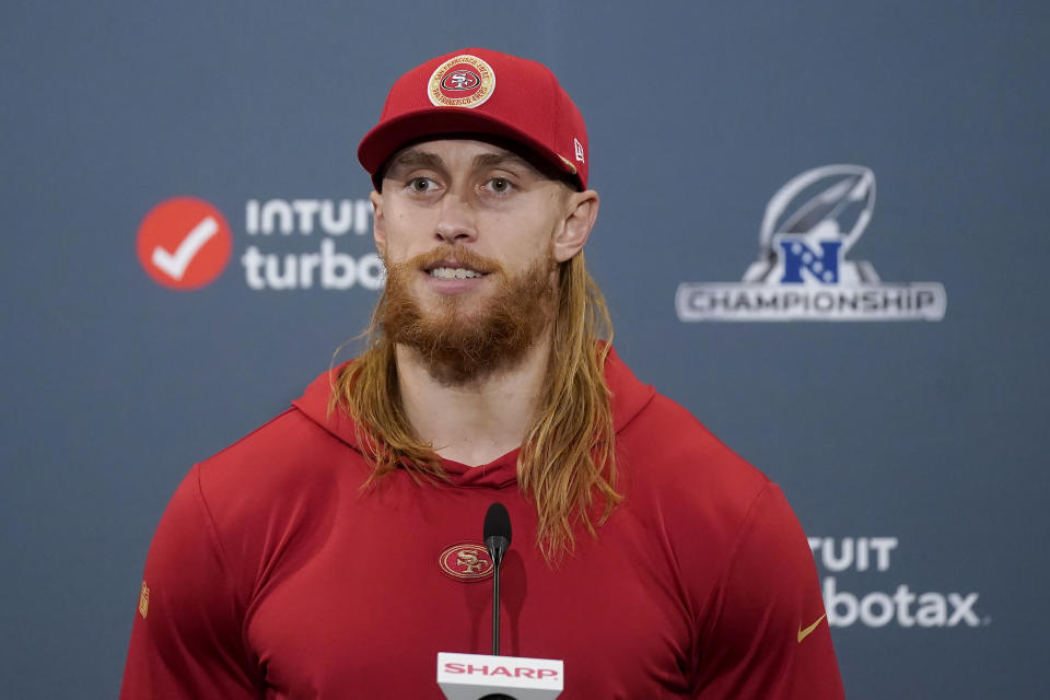 San Francisco 49ers tight end George Kittle speaks during a news conference after the NFL football team's practice in Santa Clara, Calif., Thursday, Jan. 25, 2024. The 49ers are scheduled to play the Detroit Lions on Sunday in the NFC championship game. (AP Photo/Jeff Chiu)