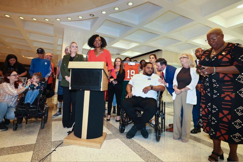 State Rep. Ashley Gantt, D-Miami, speaks as she leads a press conference on tort reform in House Bill 837 - Civil Remedies, Wednesday, March 8, 2023, at the Capitol in Tallahassee, Fla.