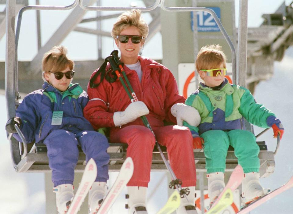 The Princess of Wales, Princess Diana, and her sons William and Harry on a ski holiday to Switzerland. Prince Charles is to join them after he has completed some engagements. Picture taken 7th April 1995