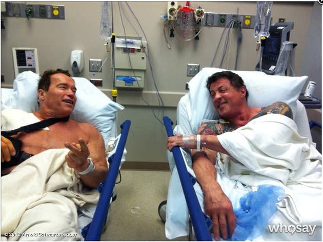 <b>Bum Shoulders </b><br>Arnold Schwarzenegger and Sylvester Stallone both landed in the hospital after getting banged up on the set of "<a href="http://ca.movies.yahoo.com/movie/the-expendables-2/" data-ylk="slk:The Expendables 2;elm:context_link;itc:0;sec:content-canvas" class="link ">The Expendables 2</a>." Coincidentally, both of them were reportedly there for shoulder surgery. And poor Arnie -- he also suffered a head gash on the set of "The Last Stand" -- and <a href="https://twitter.com/schwarzenegger/status/137342171509555200" rel="nofollow noopener" target="_blank" data-ylk="slk:lived to tweet about it;elm:context_link;itc:0;sec:content-canvas" class="link ">lived to tweet about it</a>.