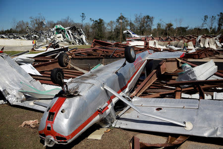 A damaged airplane is seen after a string of tornadoes, at the Eufaula Municipal Airport, in Eufaula, Alabama, U.S., March 5, 2019. REUTERS/Elijah Nouvelage