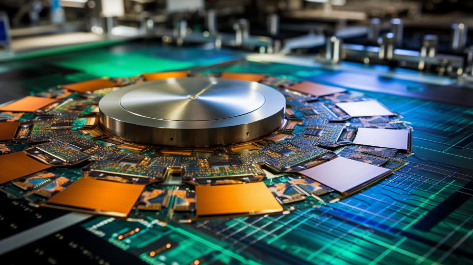 A close-up of a state-of-the-art semiconductor wafer foundry.