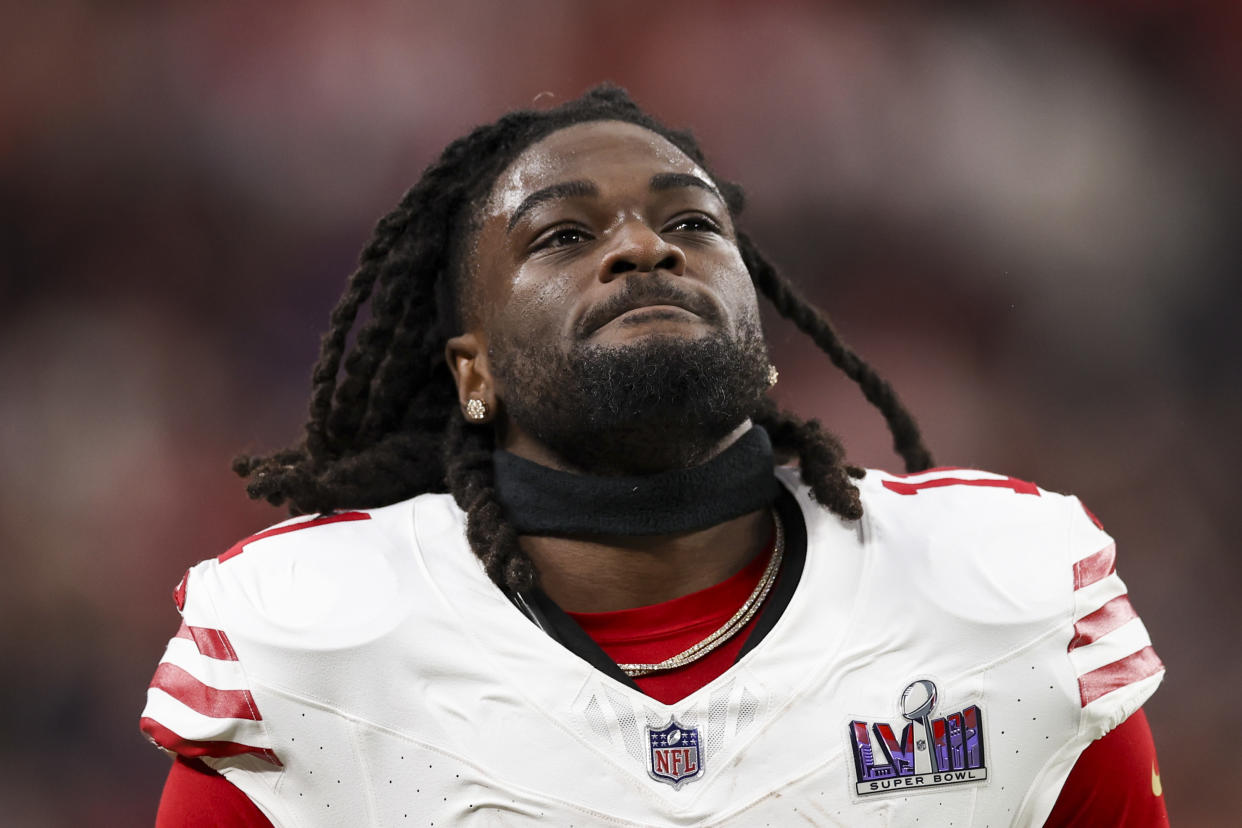 LAS VEGAS, NV - FEBRUARY 11: Brandon Aiyuk #11 of the San Francisco 49ers looks on during Super Bowl LVIII against the Kansas City Chiefs at Allegiant Stadium on February 11, 2024 in Las Vegas, NV. (Photo by Perry Knotts/Getty Images)