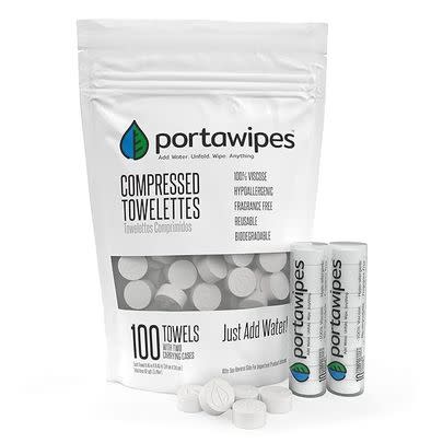 A 100-pack of compressed towelettes that expand with water