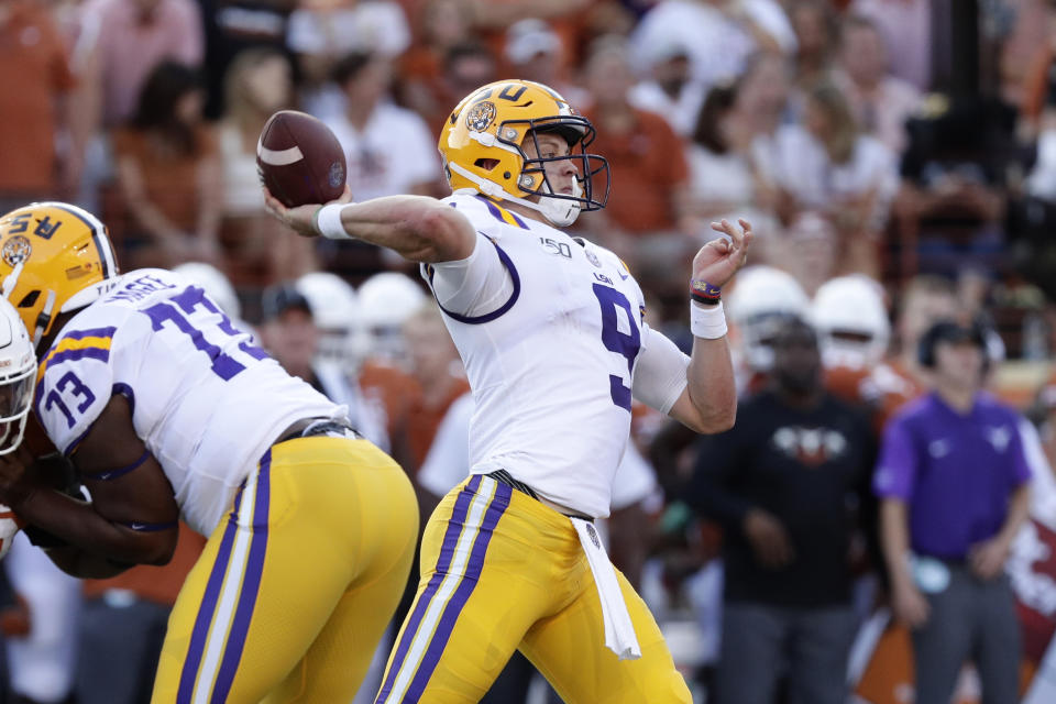 LSU quarterback Joe Burrow (9) throws a pass during the first half of an NCAA college football game against the Texas, Saturday, Sept. 7, 2019, in Austin, Texas. (AP Photo/Eric Gay)