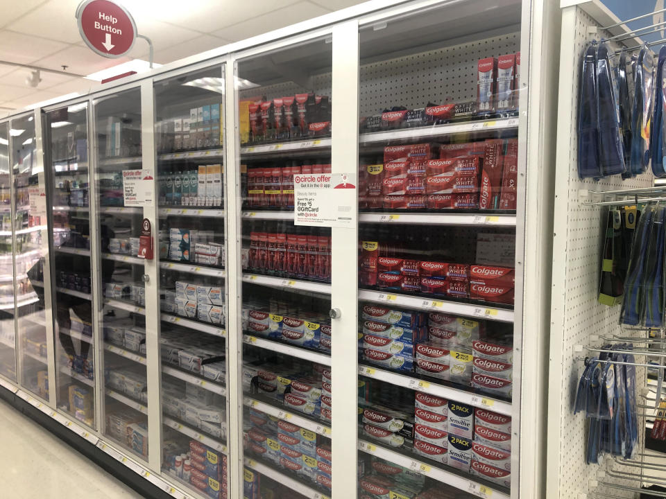 Locked up merchandise, to prevent theft in Target store, Queens, New York. (Photo by: Lindsey Nicholson/UCG/Universal Images Group via Getty Images)