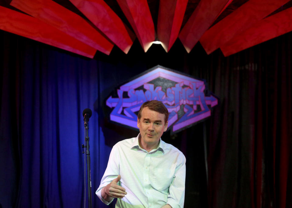 Democratic presidential candidate U.S. Sen. Michael Bennet, D-Colo., speaks during a meet-and-greet event at The Smokestack in Dubuque, Iowa, on Sunday, July 14, 2019. (Jessica Reilly/Telegraph Herald via AP)