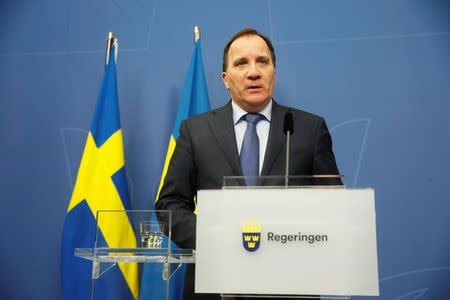 Swedish Prime Minister Stefan Lofven speaks at a news conference at Rosenbad after a terror attack on Drottninggatan where several people were killed and injured after a truck crashed into a department store Ahlens, in central Stockholm, Sweden, April 7, 2017. Fredrik Sandberg/TT News Agency via REUTERS