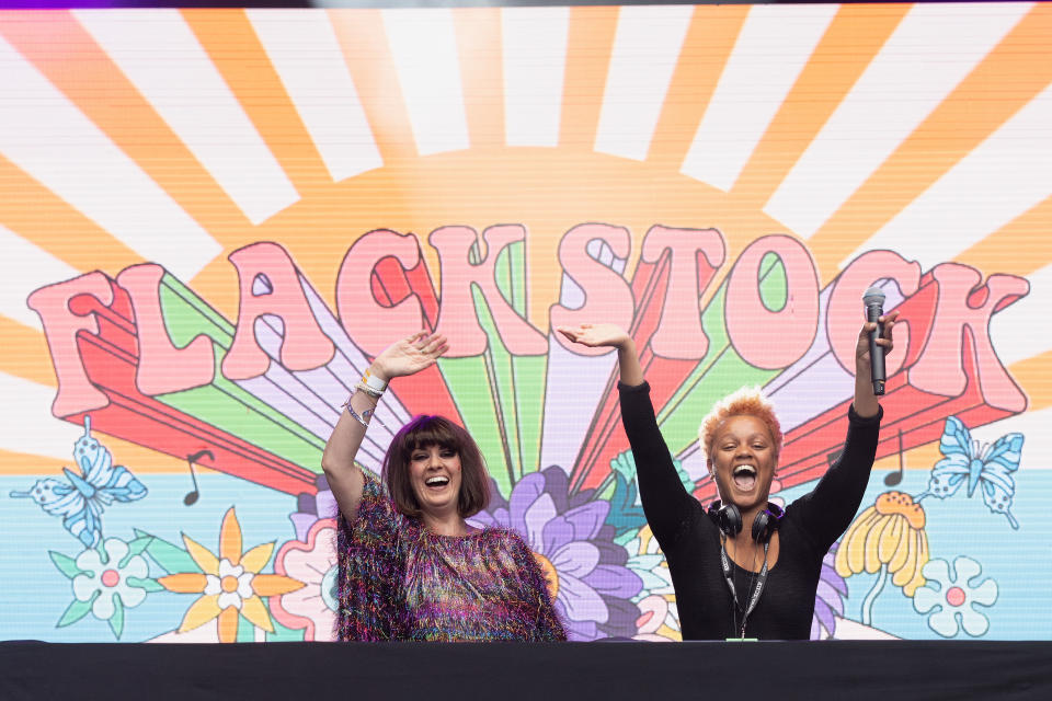Dawn O'Porter (left) on stage during the Flackstock festival in memory of Caroline Flack at Pangbourne, Berkshire. Picture date: Monday July 25, 2022. (Photo by Suzan Moore/PA Images via Getty Images)