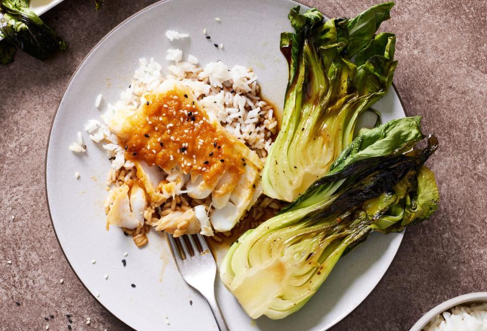 miso butter cod with bok choy and rice