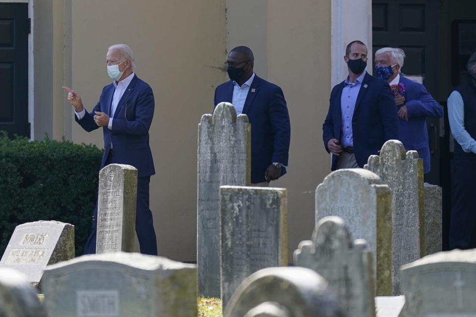 President-elect Joe Biden leaves after mass at St. Joseph on the Brandywine Catholic Church, Sunday, Nov. 8, 2020, in Wilmington, Del. (AP Photo/Carolyn Kaster)