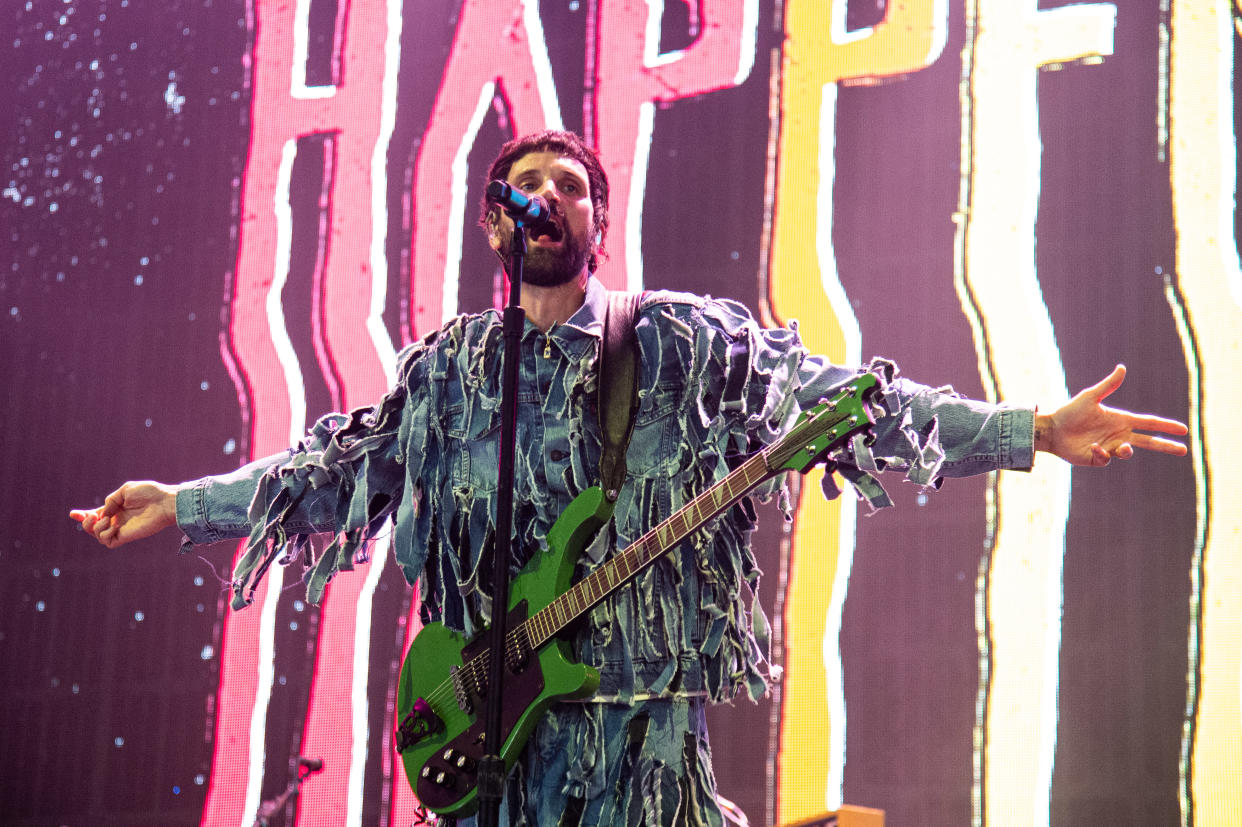 GLASTONBURY, ENGLAND - JUNE 29: Sergio Pizzorno of Kasabian performs during day four of Glastonbury Festival 2024 at Worthy Farm, Pilton on June 29, 2024 in Glastonbury, England. Founded by Michael Eavis in 1970, Glastonbury Festival features around 3,000 performances across over 80 stages. Renowned for its vibrant atmosphere and iconic Pyramid Stage, the festival offers a diverse lineup of music and arts, embodying a spirit of community, creativity, and environmental consciousness. (Photo by Joseph Okpako/WireImage)