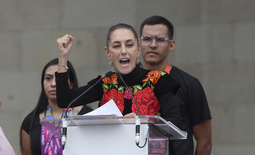 Former Mayor Claudia Sheinbaum speaks during a closing campaign rally for her presidential candidate bid to represent the ruling MORENA party, in Mexico City, Saturday, Aug. 26, 2023. Pre-candidates are holding campaign closers in primary contests to see who will compete in Mexico's 2024 general election. (AP Photo/Ginnette Riquelme)