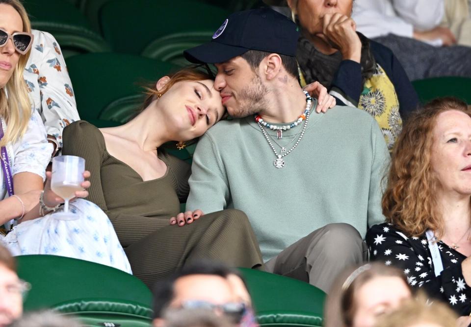 Phoebe Dynevor and Pete Davidson attend day 6 of the Wimbledon Tennis Championships at the All England Lawn Tennis and Croquet Club on July 03, 2021 in London, England.