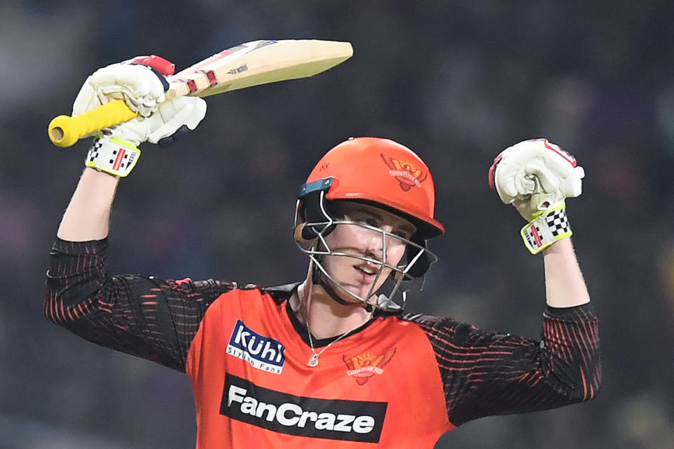 Sunrisers Hyderabad's Harry Brook celebrates after scoring a century (100 runs) during the Indian Premier League (IPL) Twenty20 cricket match between Kolkata Knight Riders and Sunrisers Hyderabad at the Eden Gardens Stadium in Kolkata on April 14, 2023. (Photo by Dibyangshu SARKAR / AFP) (Photo by DIBYANGSHU SARKAR/AFP via Getty Images)