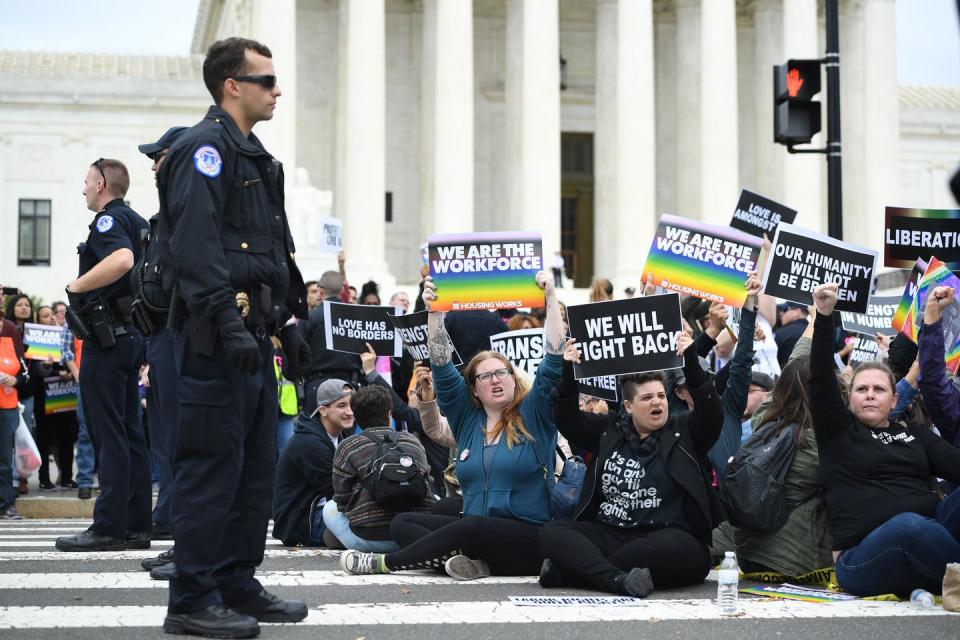 <span class="caption">Demonstrators rallied outside the Supreme Court in October 2019.</span> <span class="attribution"><a class="link " href="https://www.gettyimages.com/detail/news-photo/demonstrators-in-favour-of-lgbt-rights-rally-outside-the-us-news-photo/1174524830?adppopup=true" rel="nofollow noopener" target="_blank" data-ylk="slk:SAUL LOEB/AFP via Getty Images;elm:context_link;itc:0;sec:content-canvas">SAUL LOEB/AFP via Getty Images</a></span>