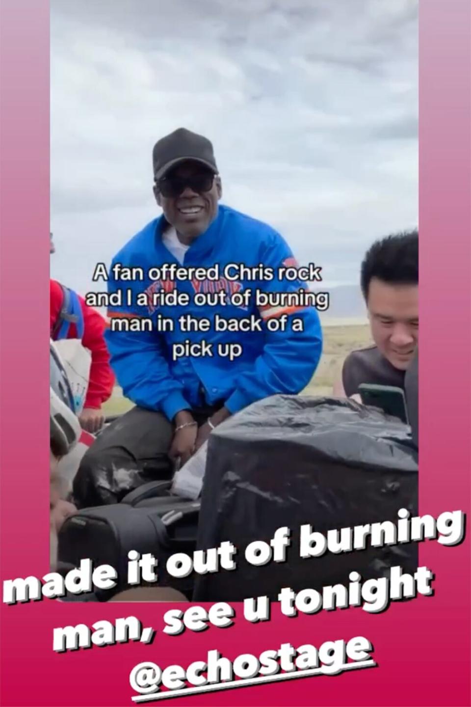 Chris Rock and Diplo for a story on them escaping the Burning Man festival after catching a ride in a fan’s pickup truck