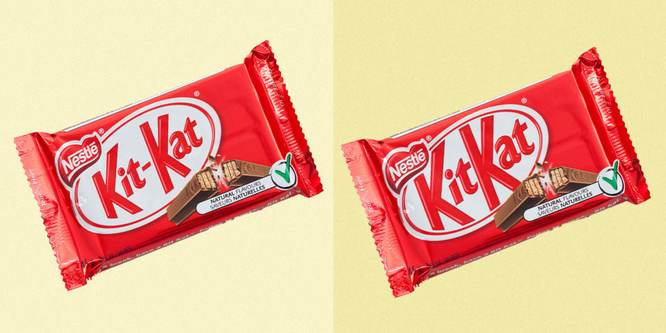Two Kit Kat bars, one with a hyphen in the logo and one without. (Owen Berg / TODAY Illustration / Alamy)
