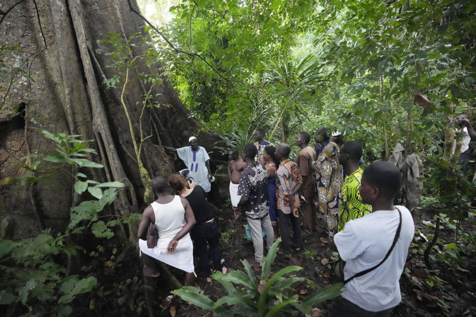 Voodoo worshippers listen to Gilbert Kakpo, a Voodoo priest who says countless people have been helped through the spirits' powers at the Bohouezoun sacred forest in Benin, on Thursday, Oct. 5, 2023. “Our divinity is the protector of women,” he says. “If you’re a woman who’s had miscarriages or has given birth to stillborn children and you come here for rituals, you’ll never endure those hardships again ... I can’t count the number of people who have been healed or treated here.” (AP Photo/Sunday Alamba)