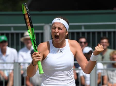 Tennis - Wimbledon - London, Britain - July 10, 2017 Latvia’s Jelena Ostapenko celebrates winning her fourth round match against Ukraine’s Elina Svitolina REUTERS/Toby Melville