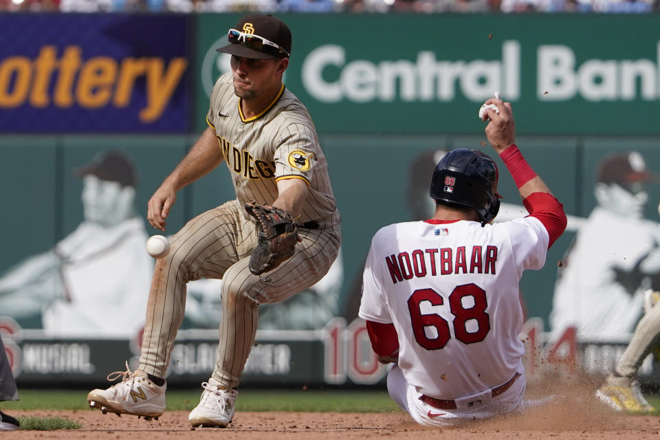 St. Louis Cardinals' Lars Nootbaar (68) is safe at second for a stolen base as San Diego Padres second baseman Adam Frazier handles the throw during the sixth inning of a baseball game Sunday, Sept. 19, 2021, in St. Louis. (AP Photo/Jeff Roberson)