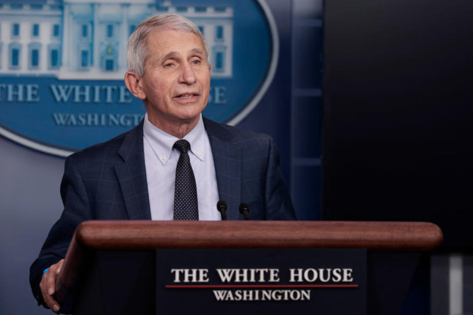 Dr. Anthony Fauci gives an update on the Omicron COVID-19 variant during a press briefing at the White House on December 1, 2021. / Credit: Anna Moneymaker/Getty Images