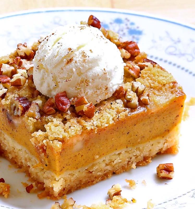 <p>Sugar Apron</p><p>All the yummy flavors of a pumpkin pie but stirred into the heartiness of a cake.</p><p><strong>Get the recipe: </strong><a href="https://sugarapron.com/2019/09/26/pumpkin-pie-cake/" rel="nofollow noopener" target="_blank" data-ylk="slk:Pumpkin Pie Cake;elm:context_link;itc:0;sec:content-canvas" class="link "><strong>Pumpkin Pie Cake</strong></a></p>