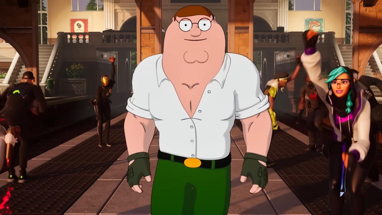  Peter Griffin from Family Guy strides purposefully towards the camera, while a gaggle of Fortnite characters do the "Bird is the Word" dance around him like he's some prophet come to portend the end of the world. 