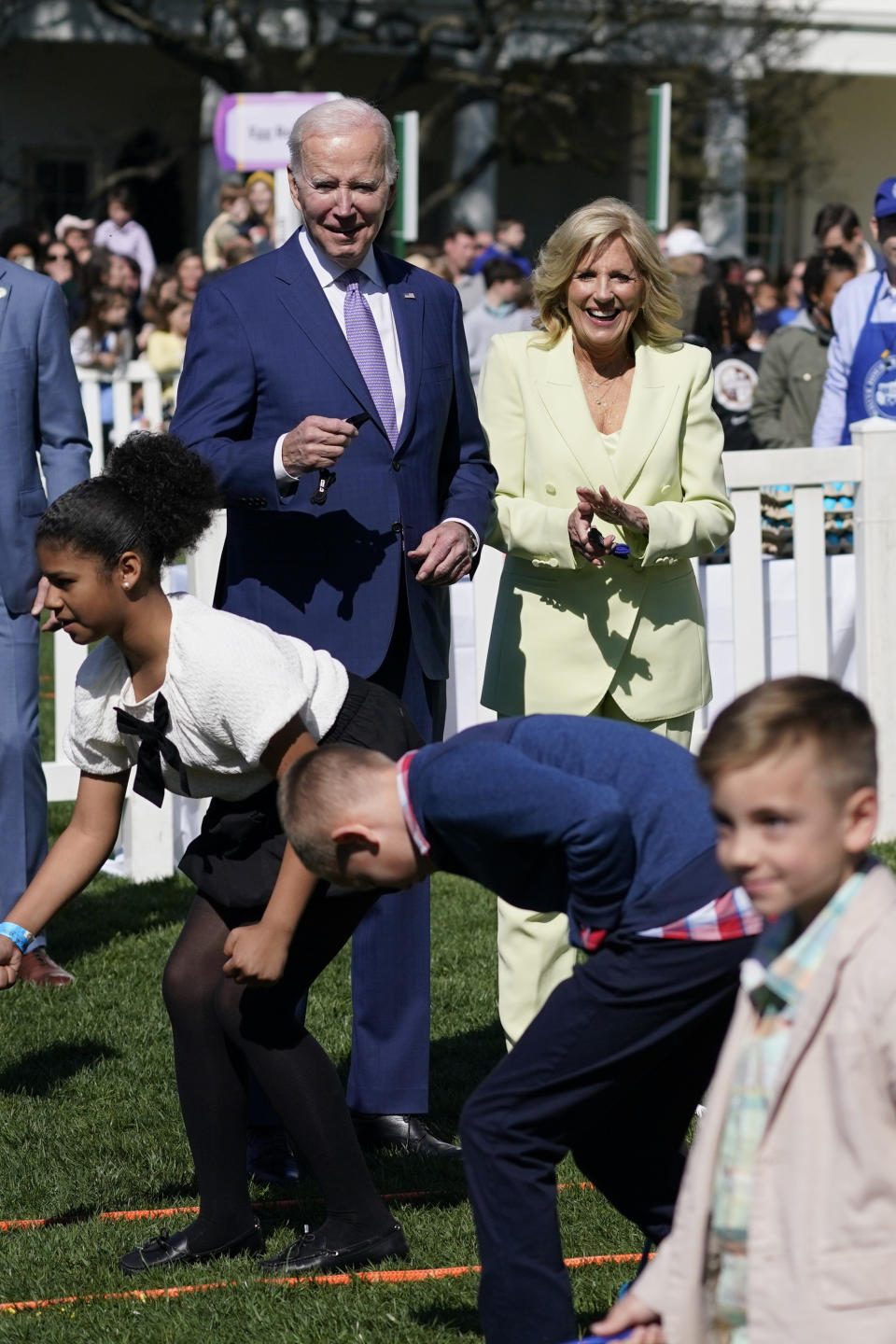 President Joe Biden and first lady Jill Biden participate in the 2023 White House Easter Egg Roll, Monday, April 10, 2023, in Washington. (AP Photo/Evan Vucci)