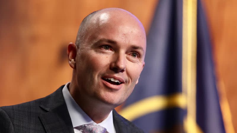 Gov. Spencer Cox holds his monthly news conference at PBS Utah in the Eccles Broadcast Center in Salt Lake City, Thursday, March 16, 2023.