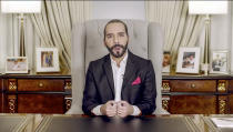 In this image taken from video provided by UN Web TV, Nayib Armando Bukele, President of El Salvador, remotely addresses the 76th session of the United Nations General Assembly in a pre-recorded message, Thursday Sept. 23, 2021, at UN headquarters. (UN Web TV via AP)