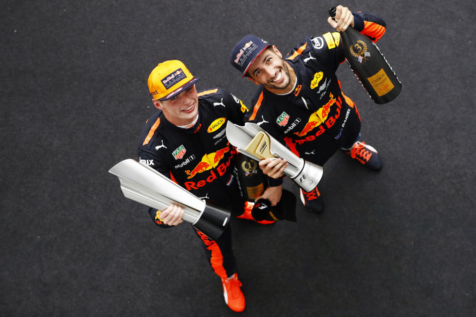 Podium pals: Max Verstappen and Daniel Ricciardo celebrate success after the 2017 Malaysian Grand Prix