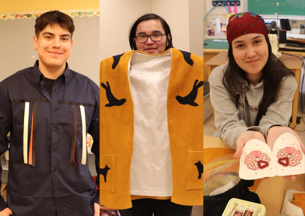 Reese Jackson, Shane Clennett, and Leandra Blanchard were busy in recent months making regalia they will wear on Friday at the Yukon First Nations graduation ceremony in Whitehorse. (Calista Silverfox - image credit)