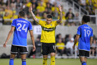 Columbus Crew's Christian Ramirez (17) gestures to the crowd during the second half of the team's MLS soccer match against CF Montréal on Saturday, April 27, 2024, in Columbus, Ohio. (AP Photo/Jeff Dean)