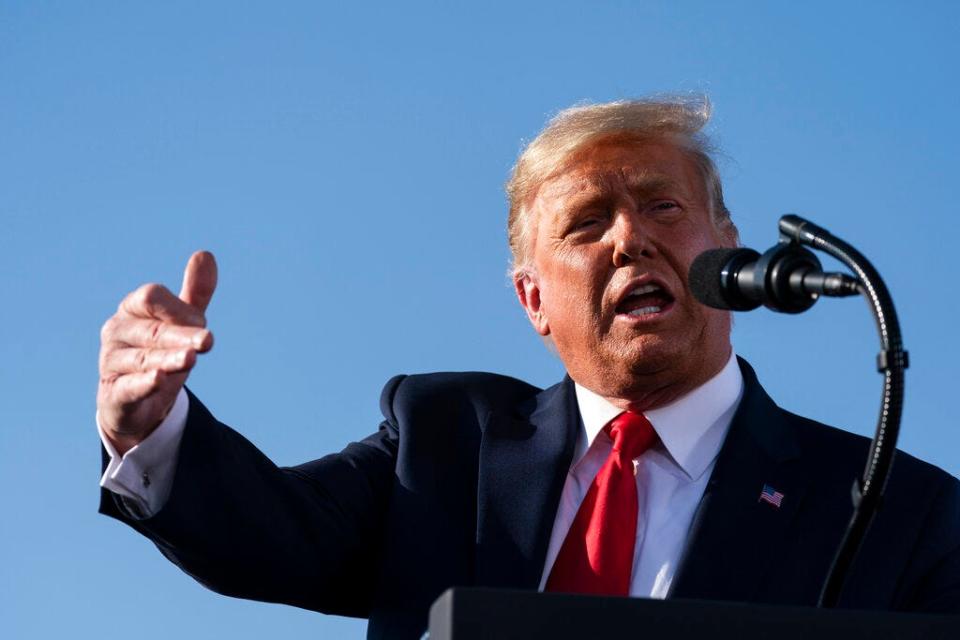 President Donald Trump speaks at a campaign rally at Tucson International Airport, Monday, Oct. 19, 2020, in Tucson, Ariz. (AP Photo/Alex Brandon)