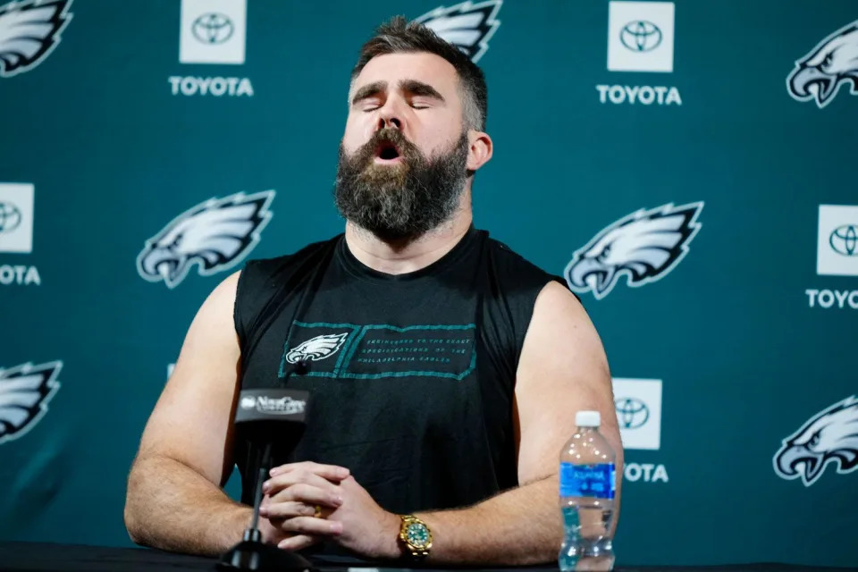 <p>AP Photo/Matt Rourke</p> Jason Kelce speaks during an NFL football press conference announcing his retirement in Philadelphia, Monday, March 4, 2024.