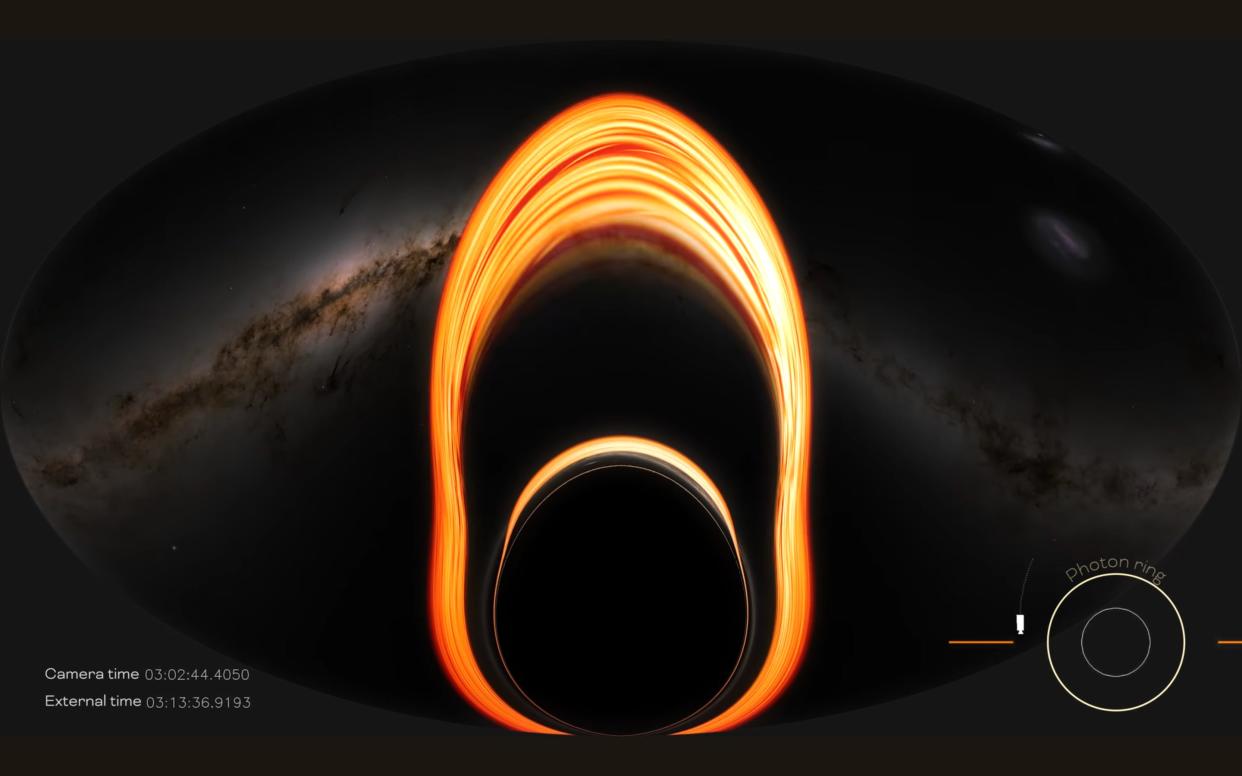 a black hole with an elongated band of light stretching above it