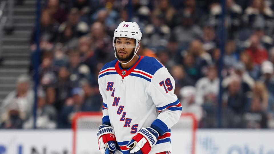 New York Rangers defenseman K'Andre Miller is seen against the Columbus Blue Jackets during an NHL hockey game in Columbus, Ohio, Saturday, Oct. 14, 2023.