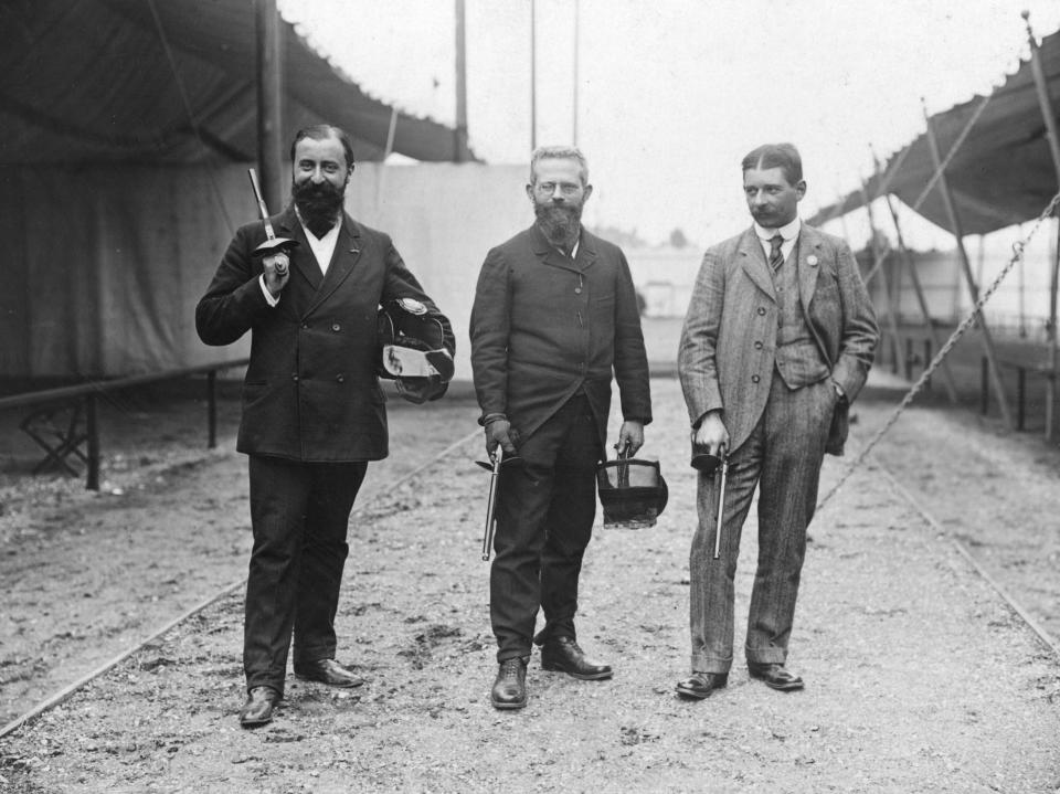 The winning French pistol duelling team at the 1908 Olympic Games held in London: Major Ferrus, J Marais and J Rouvcanachi (Getty)