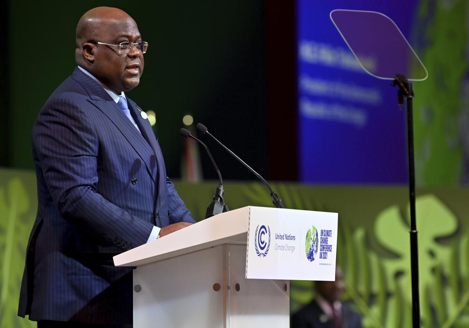 Democratic Republic of Congo's President Felix Tshisekedi delivers his message during a session on Action on Forests and Land Use, during the UN Climate Change Conference COP26 in Glasgow, Scotland, Tuesday, Nov. 2, 2021. (Paul Ellis/Pool Photo via AP)