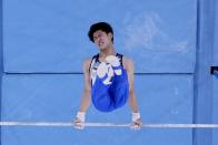 <p>Daiki Hashimoto, of Japan, performs on the horizontal bar during the artistic gymnastic men's all-around final at the 2020 Summer Olympics, Wednesday, July 28, 2021, in Tokyo. (AP Photo/Alyssa Goodman)</p> 