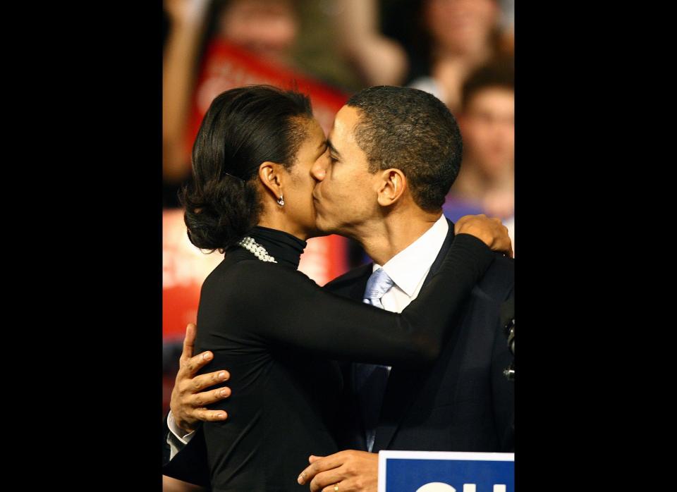 Democratic presidential hopeful Barack Obama kisses his wife Michelle during a primary election results night rally in Nashua, 08 January 2008. Obama lost the state to Hillary Clinton. Photo: EMMANUEL DUNAND/AFP/Getty Images