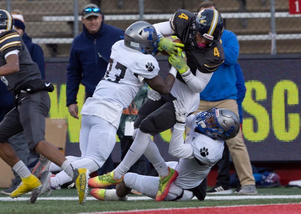 TRN Jeremiah Pruitt dives for the end zone in first half action. Toms River North Football vs Passaic Tech in NJSIAA Group 5 Final in Piscataway, NJ on December 4, 2022. 