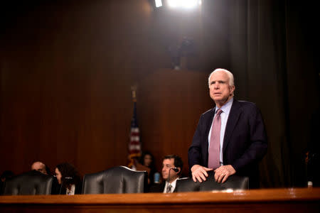 U.S. Senator John McCain (R-AZ) takes his seat before hearing testimony to the Senate Select Intelligence Committee on the nomination of former U.S. Senator Dan Coats (R-IN) to be Director of National Intelligence in Washington, U.S., February 28, 2017. REUTERS/James Lawler Duggan