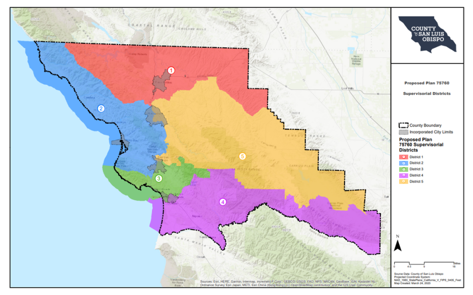 The San Luis Obispo County Board of Supervisors will consider adopting this map designed by the San Luis Obispo Chamber of Commerce to replace the Patten map adopted in 2021.