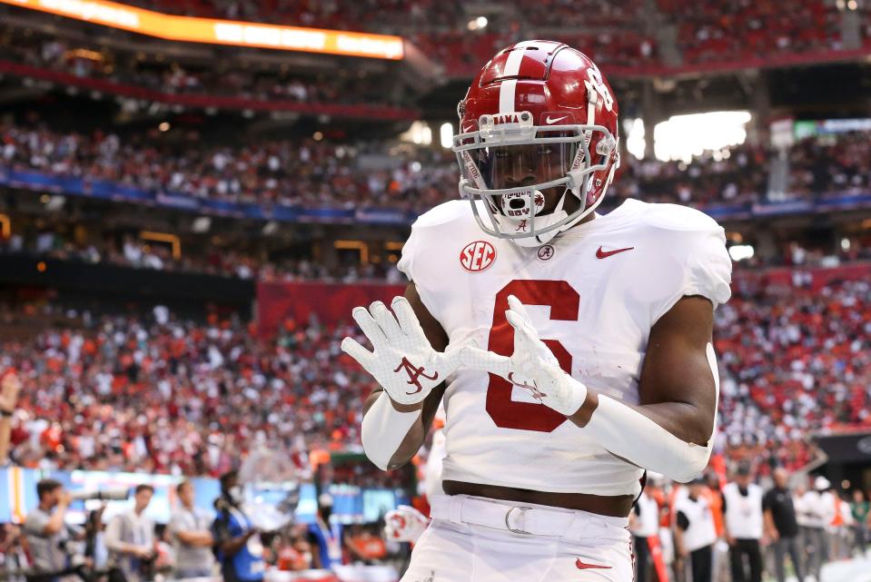 Sep 4, 2021; Atlanta, Georgia, USA;  Alabama running back Trey Sanders (6) celebrates after scoring a touchdown on a running play at Mercedes-Benz Stadium. Alabama defeated Miami 44-13. Mandatory Credit: Gary Cosby-USA TODAY Sports