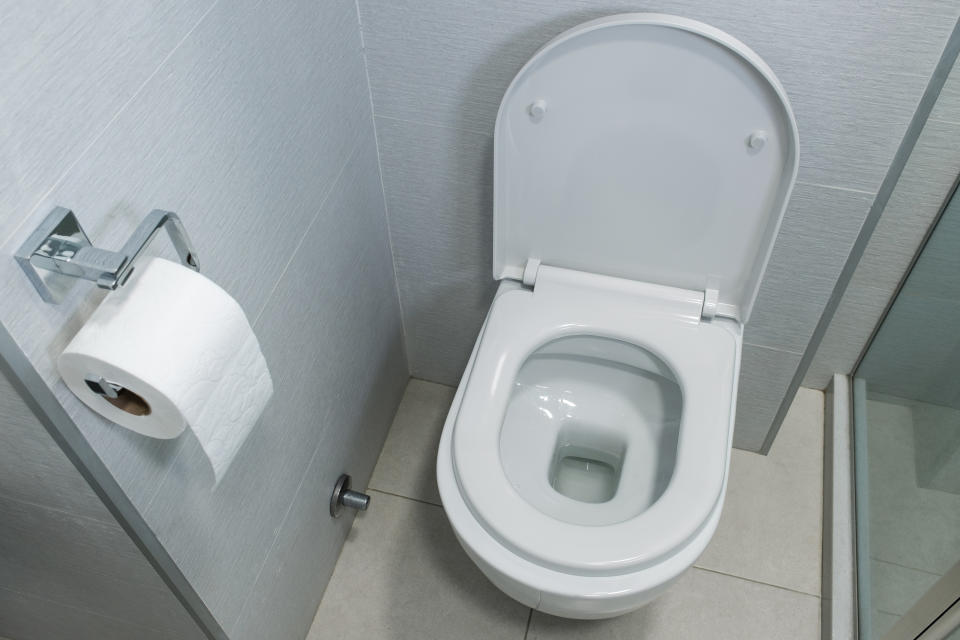 a toilet and toilet paper in a bathroom