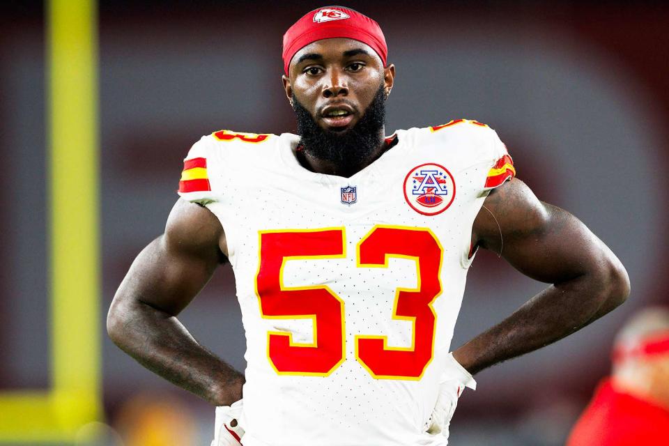 <p>Ric Tapia/Getty</p> BJ Thompson #53 of the Kansas City Chiefs walks off the field during a game against the Arizona Cardinals at State Farm Stadium on August 19, 2023 in Glendale, Arizona.