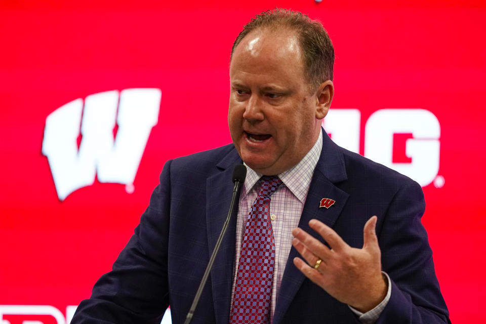 Wisconsin men's head coach Greg Gard speaks during the Big Ten NCAA college basketball media days in Indianapolis, Friday, Oct. 8, 2021. (AP Photo/Michael Conroy)