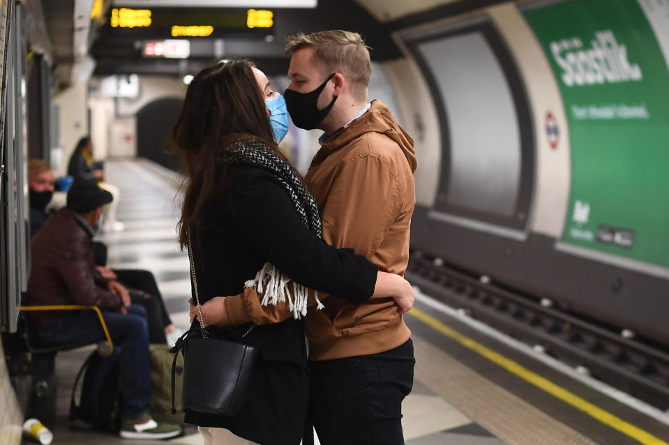 People on the Northern Line in central London just before the 10pm curfew, which was put in place on Thursday with a range of new restrictions to combat the rise in coronavirus cases in England.